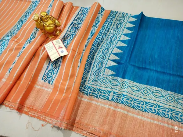 Silkmark_Tussar_Kinetic_Blockprint_Blue_&_Orange_Saree