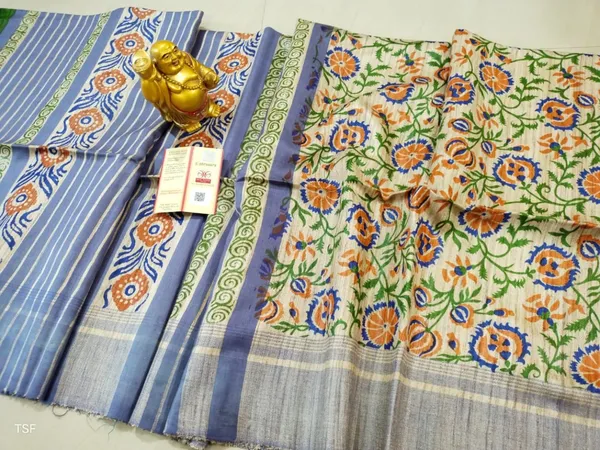Silkmark_Tussar_Vivid_Blockprint_Green_&_Purple_Saree