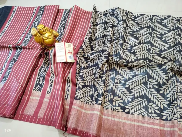Silkmark_Tussar_Serene_Blockprint_Black_&_Maroon_Saree