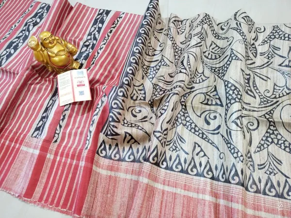 Silkmark_Tussar_Vivid_Blockprint_Black_&_Red_Saree