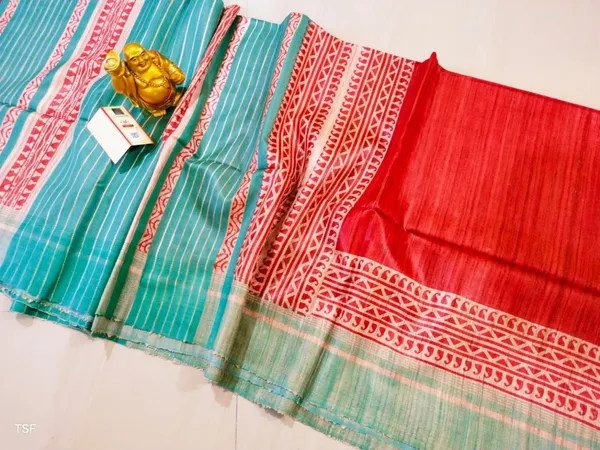 Silkmark_Tussar_Lively_Blockprint_Red_&_Blue_Saree