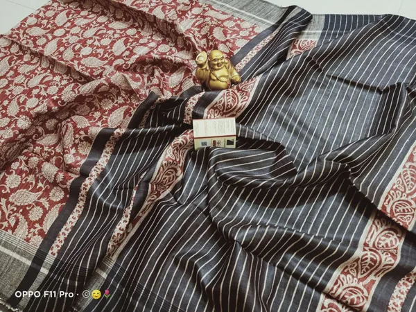 Silkmark_Tussar_Dynamic_Blockprint_Black_&_Brown_Saree