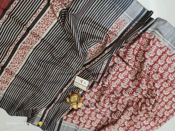 Silkmark_Tussar_Modern_Blockprint_Black_&_Red_Saree