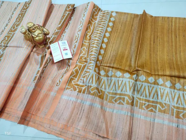 Silkmark_Tussar_Dynamic_Blockprint_Mustard_&_Peach_Saree