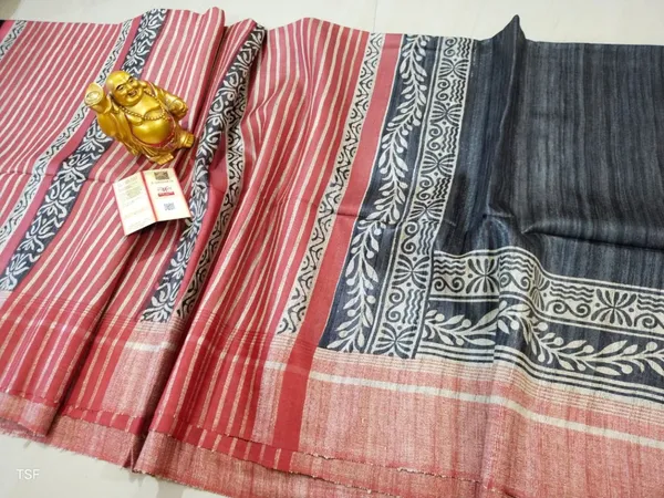 Silkmark_Tussar_Quaint_Blockprint_Black_&_Red_Saree