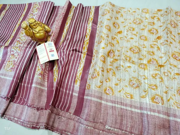 Silkmark_Tussar_Colorful_Blockprint_Yellow_&_Maroon_Saree