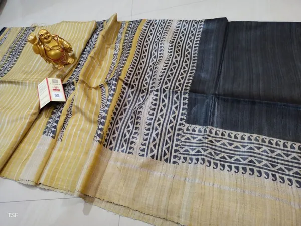 Silkmark_Tussar_Unique_Blockprint_Black_&_Yellow_Saree