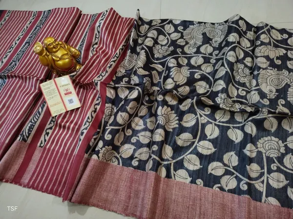 Silkmark_Tussar_Modern_Blockprint_Black_&_Maroon_Saree