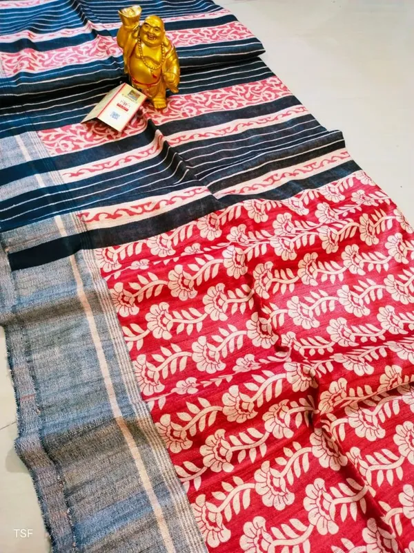 Silkmark_Tussar_Melodic_Blockprint_Red_&_Black_Saree