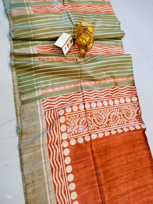 Silkmark_Tussar_Misty_Blockprint_Orange_&_Green_Saree