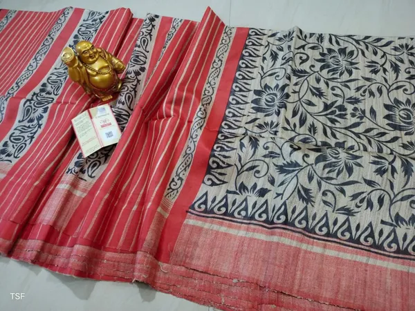Silkmark_Tussar_Vivid_Blockprint_Red_&_Black_Saree