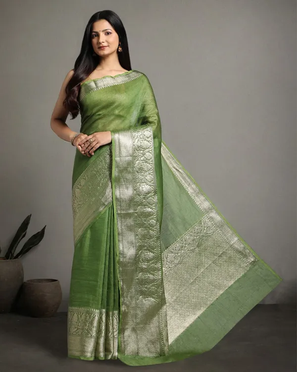 Sparkling_Banarasi_Silk_Linen_Green_Handloom_Saree