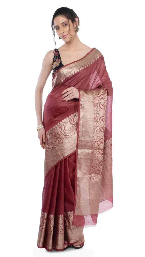 Harmonious_Banarasi_Silk_Linen_Maroon_Handloom_Saree