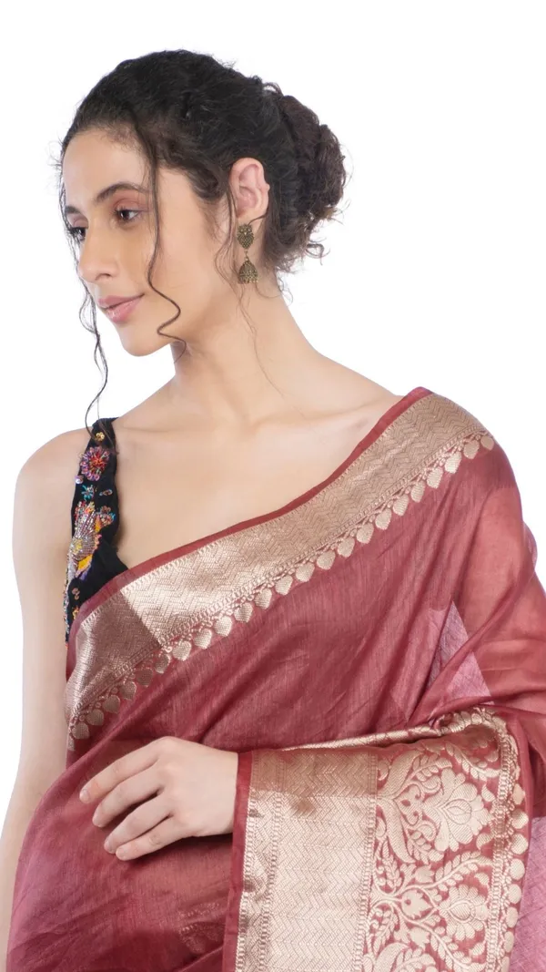 Harmonious_Banarasi_Silk_Linen_Maroon_Handloom_Saree