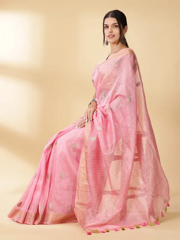 Masterful_Banarasi_Silk_Linen_Pink_Handloom_Saree