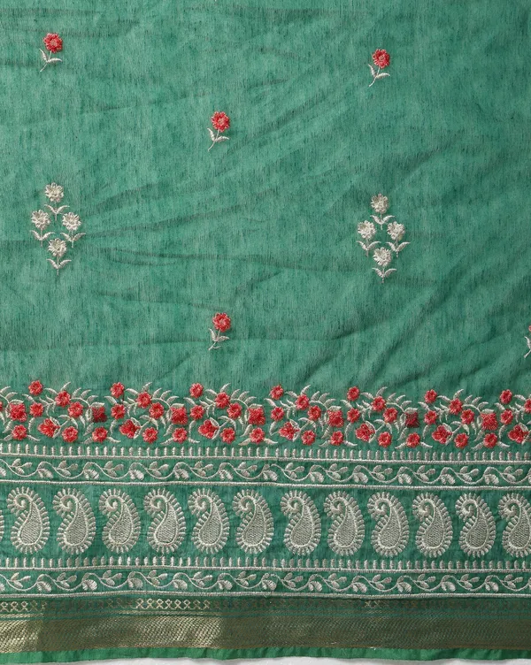 Ornamental_Silk_Linen_Embroidered_Green_Saree
