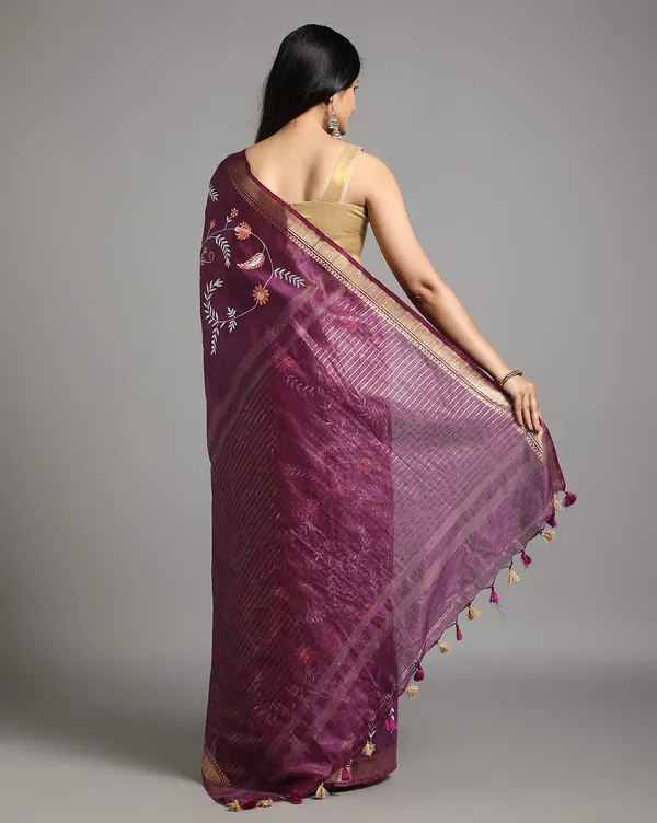 Bold_Silk_Linen_Embroidered_Purple_Saree