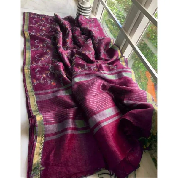 Bold_Silk_Linen_Embroidered_Purple_Saree