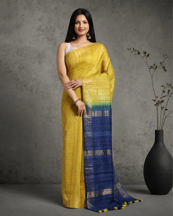 Silkmark_Ghicha_Tussar_Silk_Yellow_&_Blue_Saree
