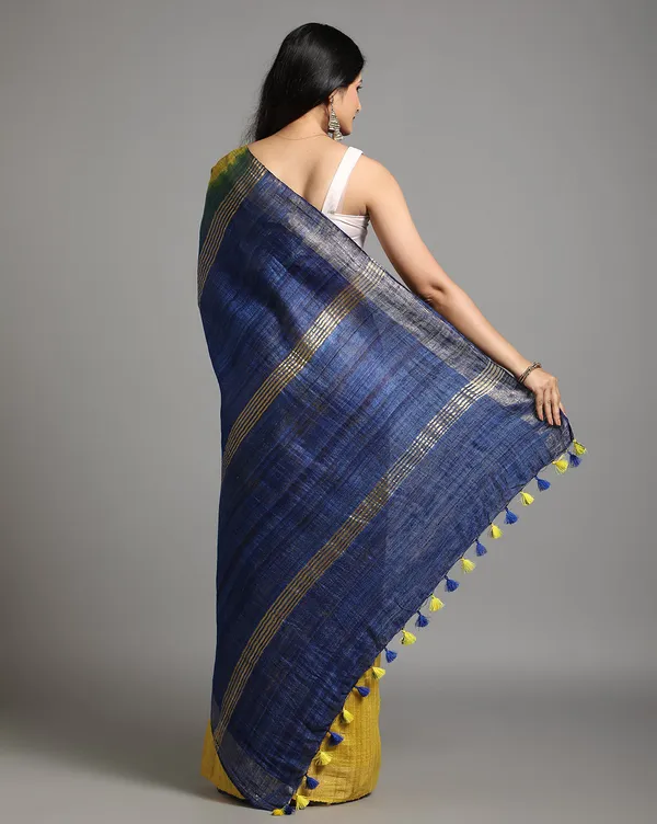 Silkmark_Ghicha_Tussar_Silk_Yellow_&_Blue_Saree