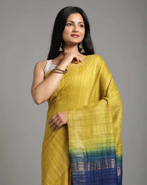 Silkmark_Ghicha_Tussar_Silk_Yellow_&_Blue_Saree