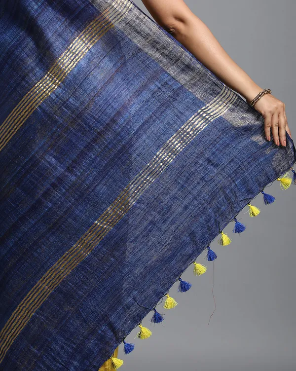 Silkmark_Ghicha_Tussar_Silk_Yellow_&_Blue_Saree