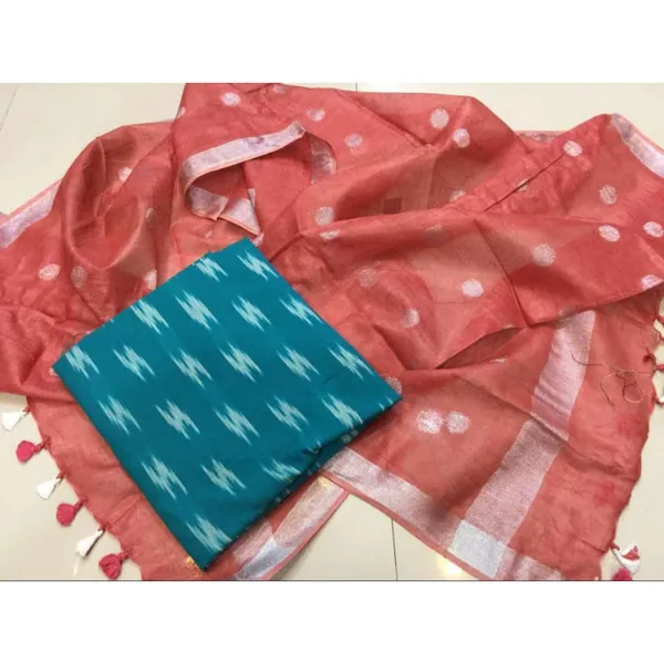 Pure_Linen_Fanciful_Red_Dupatta_&_Blue_Ikkat_Kurti_Set
