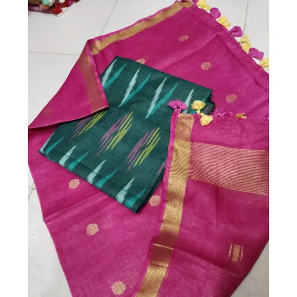 Pure_Linen_Colorful_Pink_Dupatta_&_Black_Ikkat_Kurti_Set