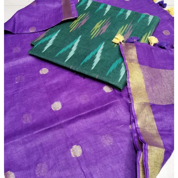 Pure_Linen_Splendid_Purple_Dupatta_&_Green_Ikkat_Kurti_Set