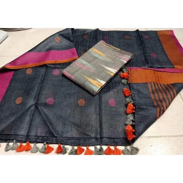 Pure_Linen_Dazzling_Black_Dupatta_&_Gray_Ikkat_Kurti_Set