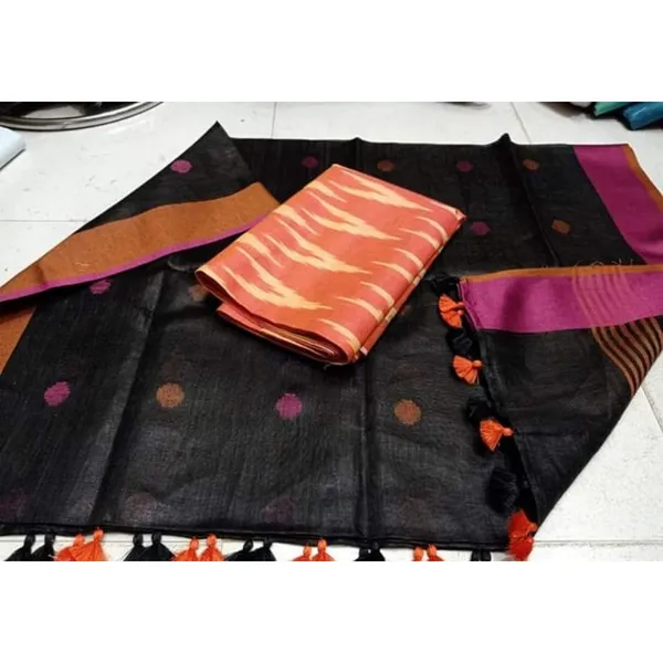 Pure_Linen_Striking_Black_Dupatta_&_Orange_Ikkat_Kurti_Set