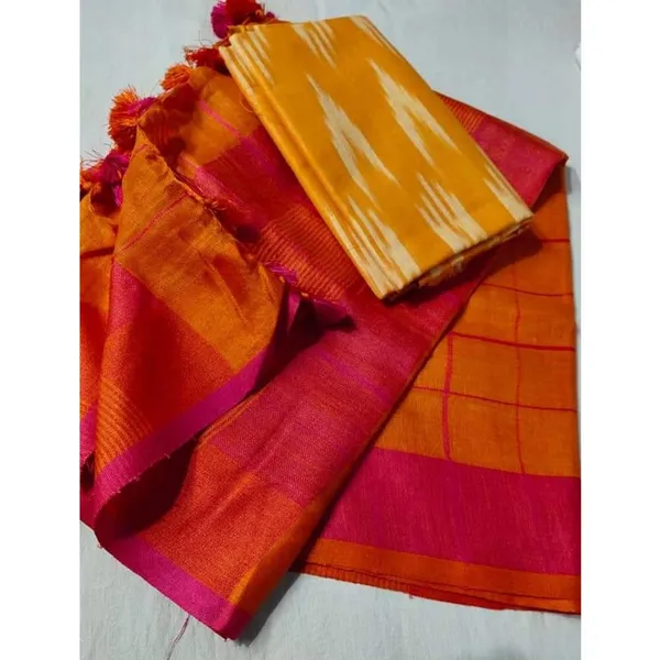Pure_Linen_Lustrous_Red_Dupatta_&_Yellow_Ikkat_Kurti_Set