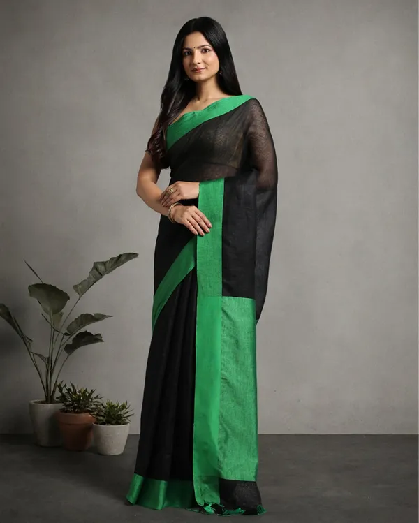 Whimsical_Handwoven_Pure_Linen_Black_Saree