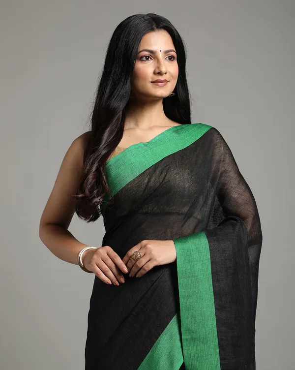 Whimsical_Handwoven_Pure_Linen_Black_Saree