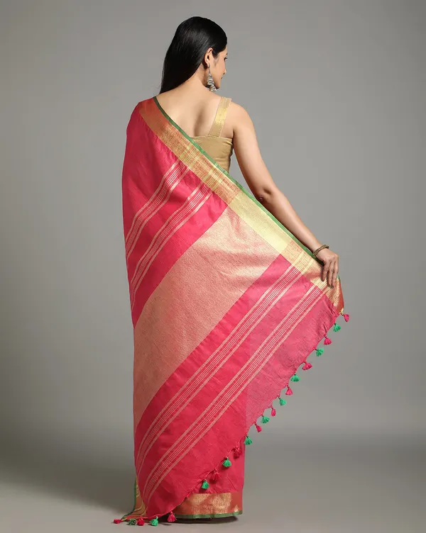 Enigmatic_Handwoven_Pure_Linen_Red_Saree