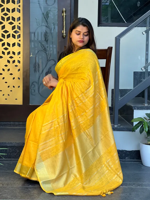 Melodic_Handwoven_Pure_Linen_Yellow_Saree