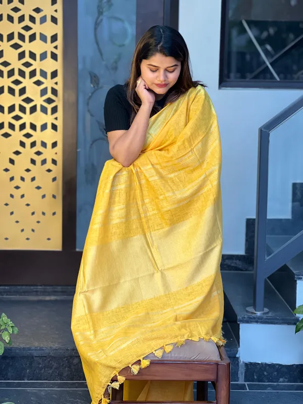Melodic_Handwoven_Pure_Linen_Yellow_Saree