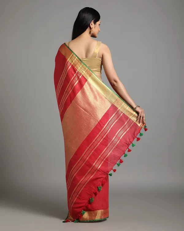 Ornate_Handwoven_Pure_Linen_Red_Saree