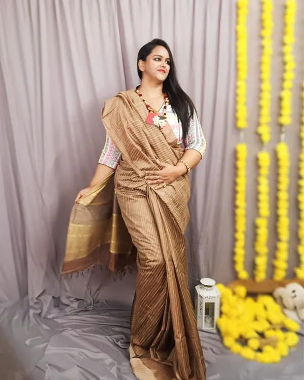 Eri_Silk_Tussar_Striped_Brown_Saree