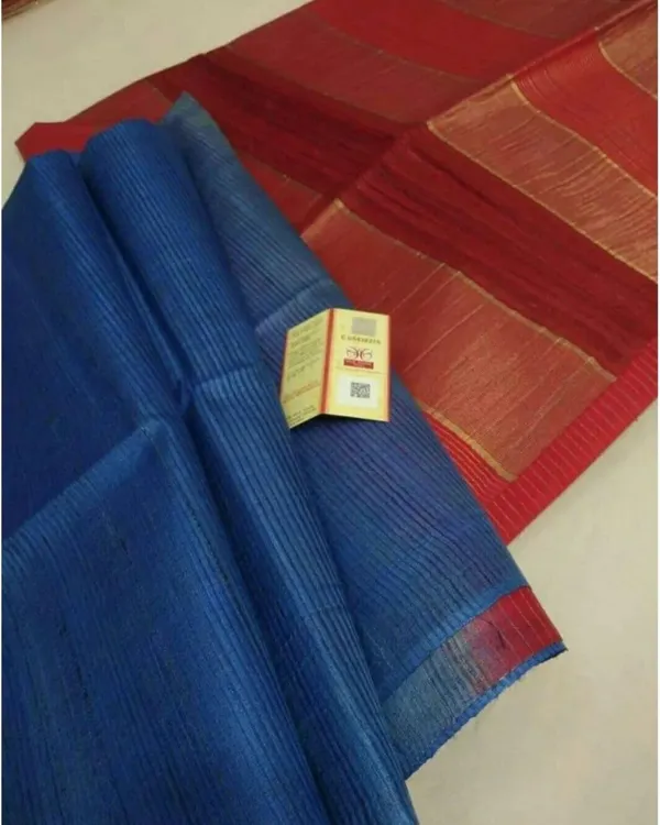 Eri_Silk_Tussar_Striped_Blue_&_Red_Saree