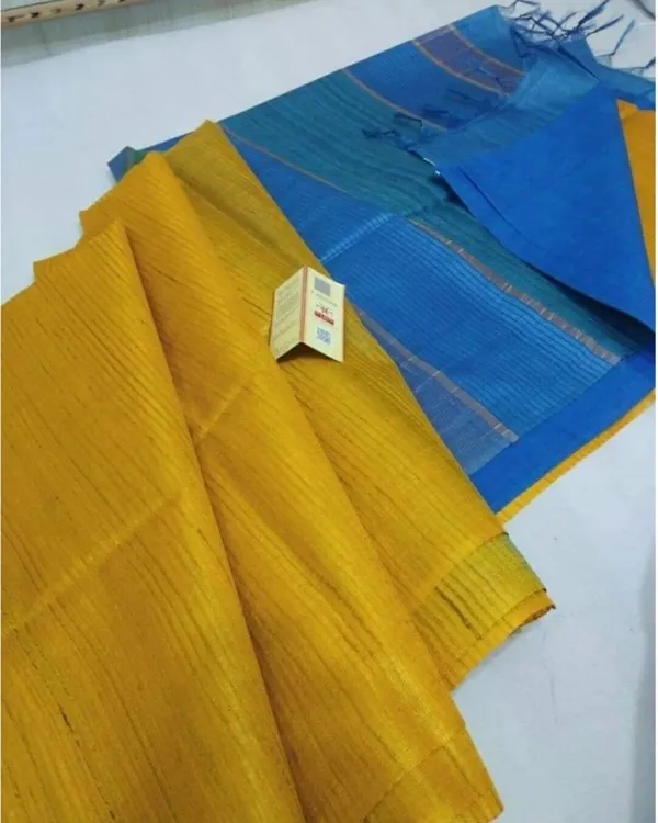 Eri_Silk_Tussar_Striped_Yellow_&_Blue_Saree