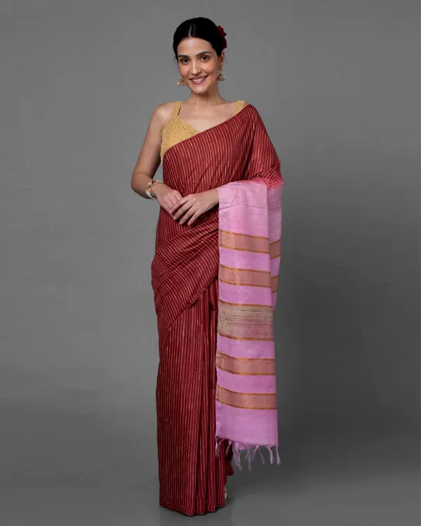 Eri_Silk_Tussar_Striped_Maroon_&_Pink_Saree