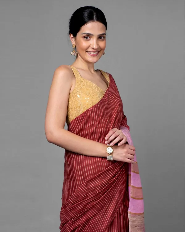 Eri_Silk_Tussar_Striped_Maroon_&_Pink_Saree