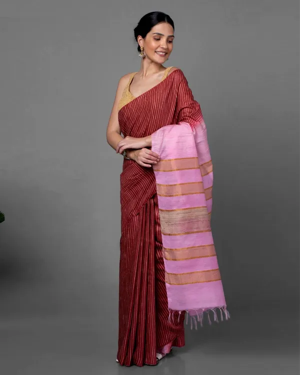 Eri_Silk_Tussar_Striped_Maroon_&_Pink_Saree