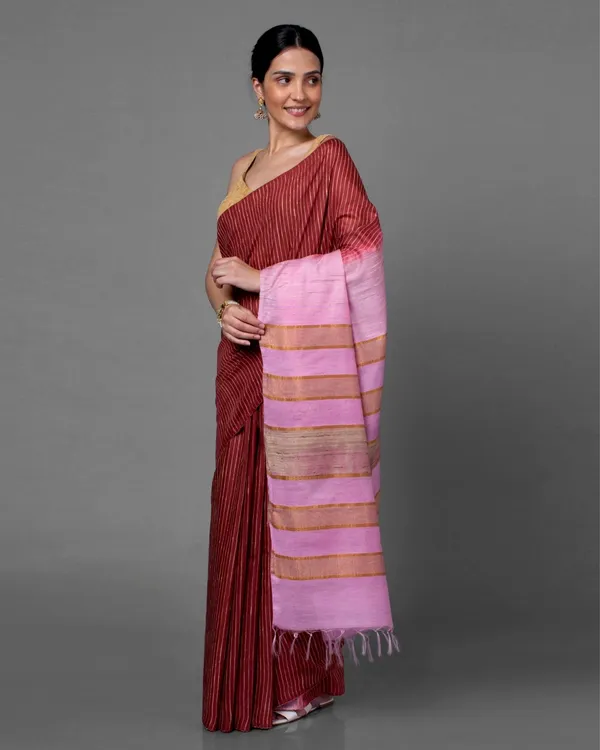 Eri_Silk_Tussar_Striped_Maroon_&_Pink_Saree