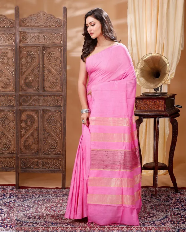 Eri_Silk_Tussar_Striped_Pink_Saree