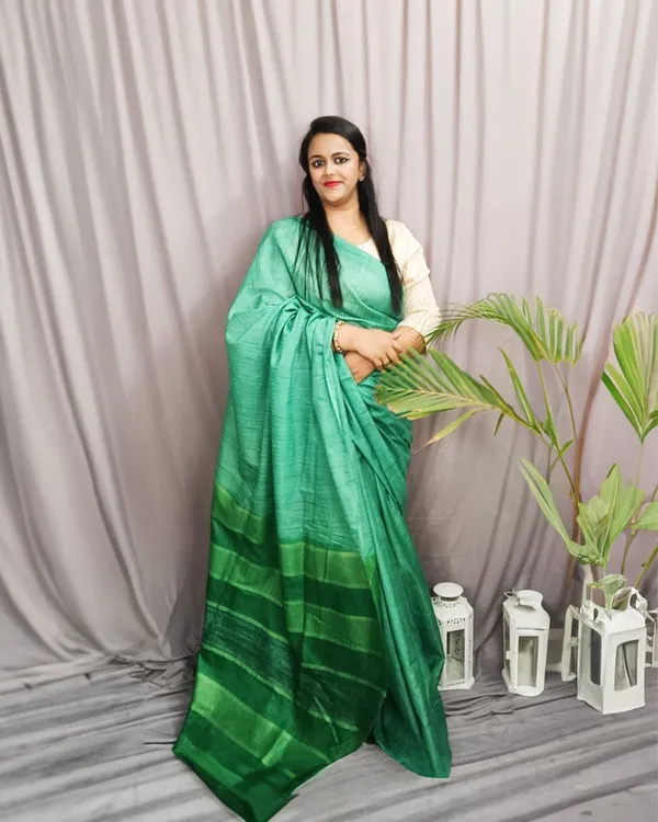 Eri_Silk_Tussar_Striped_Green_Saree