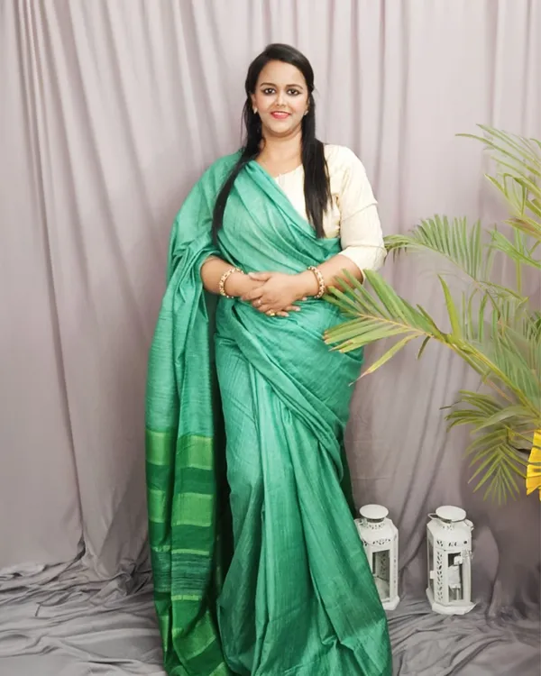 Eri_Silk_Tussar_Striped_Green_Saree