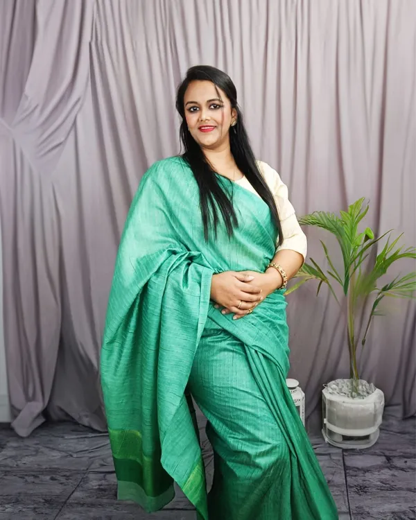 Eri_Silk_Tussar_Striped_Green_Saree