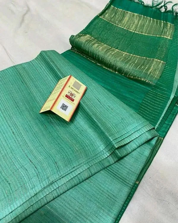 Eri_Silk_Tussar_Striped_Green_Saree